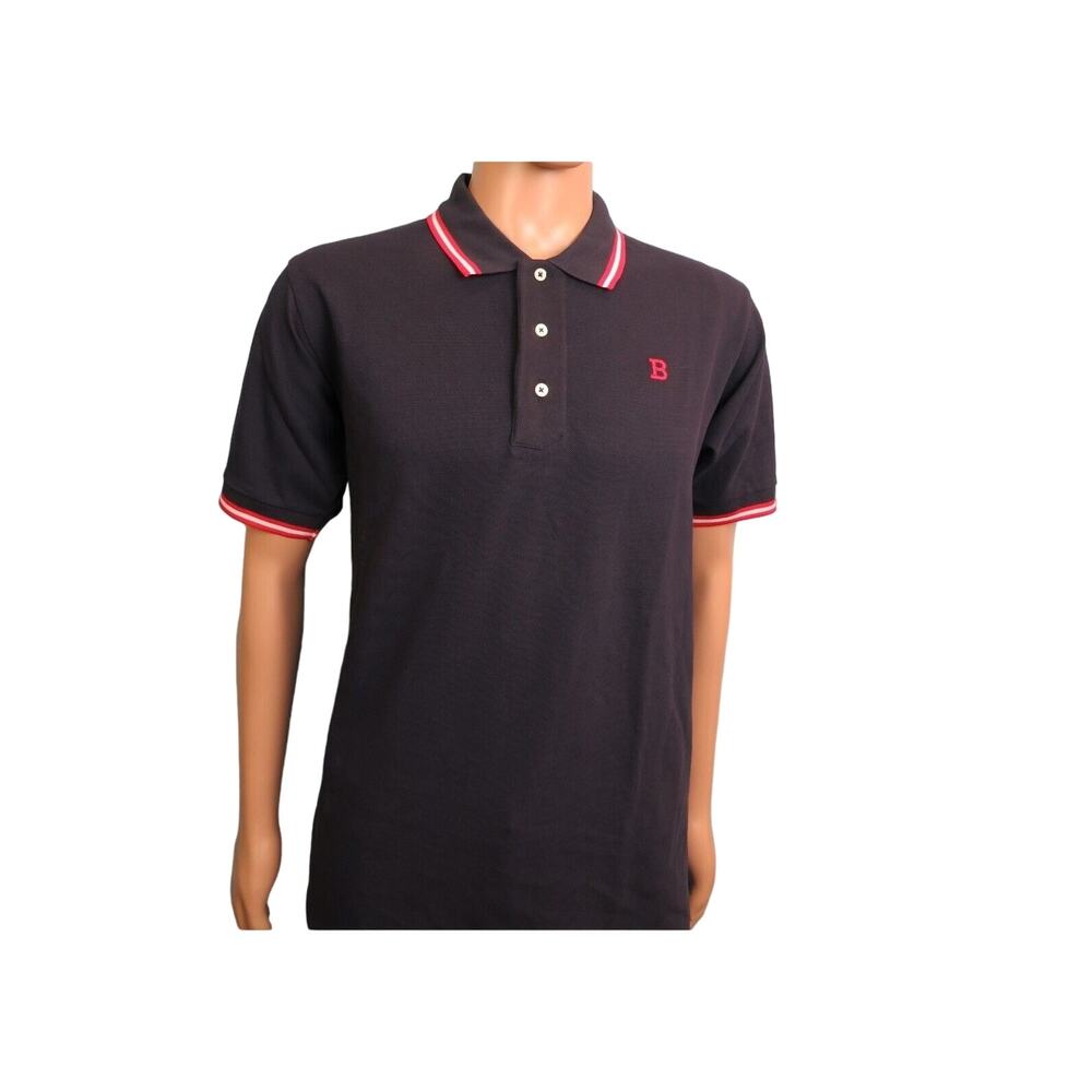 NEW BALLY BLUE COTTON PIQUET WEB COLLAR BUTTON RED B LOGO POLO T SHIRT 54 44